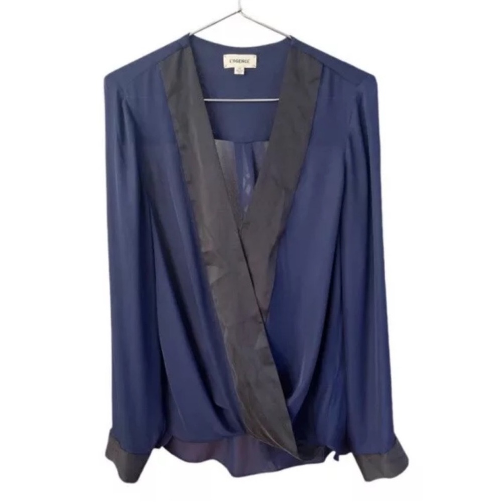 L’AGENCE Kyla Silk Surplice Blouse Navy Blue Draped Designer Size Small